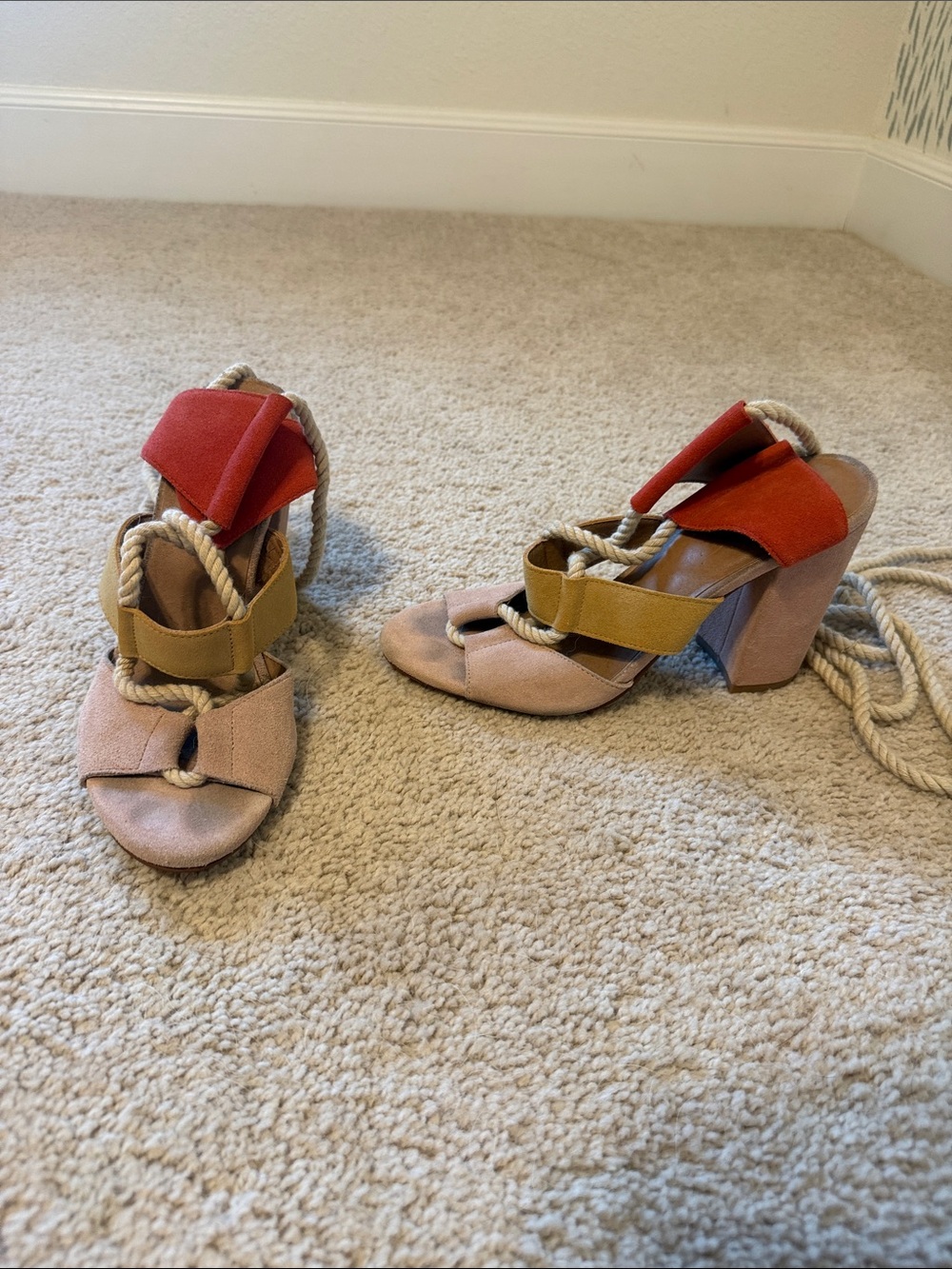 Anthropologie Pink, Mustard & Red Block Heel Rope Sandals